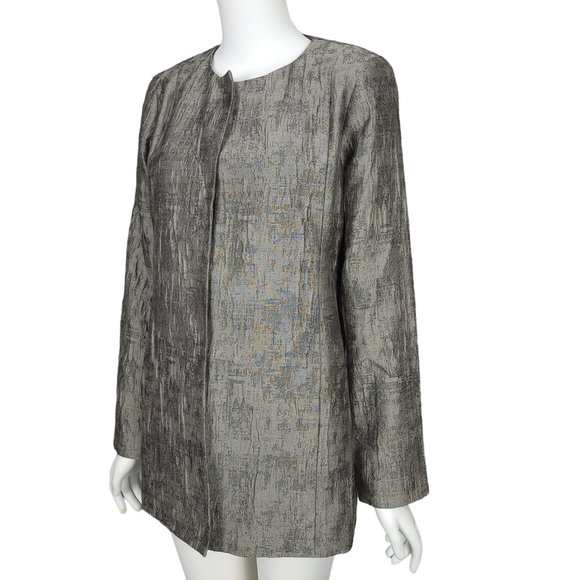 NWT EILEEN FISHER Jacket XS Gray Crinkle Jacquard Cotton Silk Open Front Pockets - Picture 3 of 13